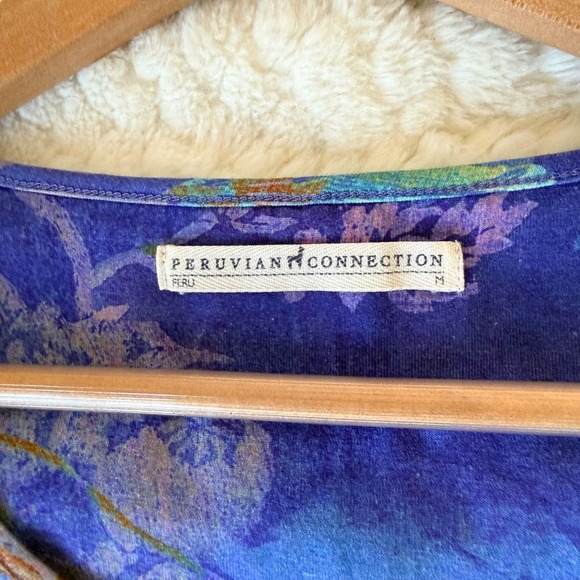 Peruvian Connection Blue Floral Botanical Jersey Sheath Dress 3/4 Sleeve Size M - Picture 3 of 6